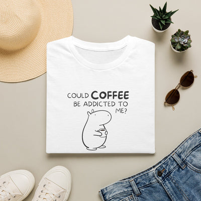 Capy Life white t-shirt featuring a minimalist hand-drawn capybara holding a coffee cup with funny text.