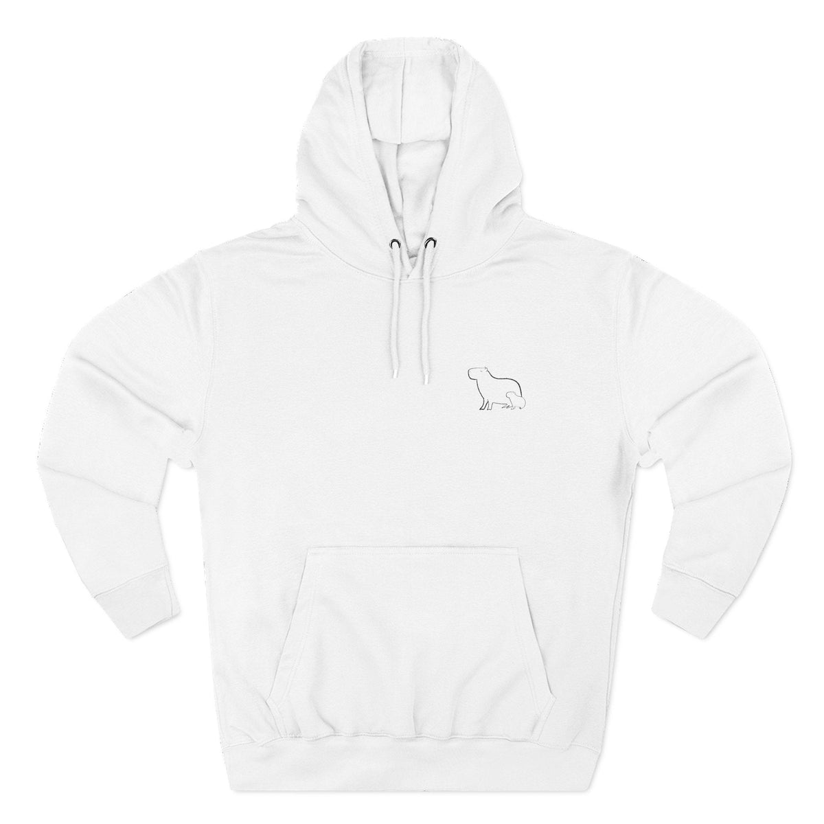 Capy Life white premium fleece hoodie featuring a small, minimalist embroidered line art of a mother and baby capybara.