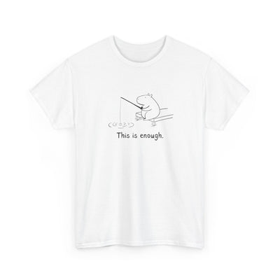 Capy Life white heavy cotton t-shirt featuring a minimalist black line drawing of a capybara fishing with text.