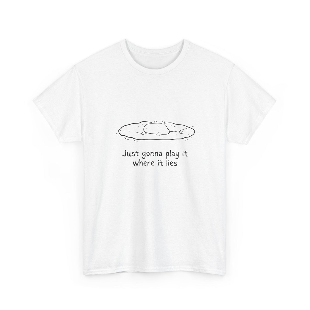Capy Life white heavy cotton t-shirt featuring a minimalist line drawing of a capybara golfing with funny text.