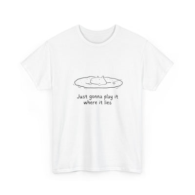 Capy Life white heavy cotton t-shirt featuring a minimalist line drawing of a capybara golfing with funny text.