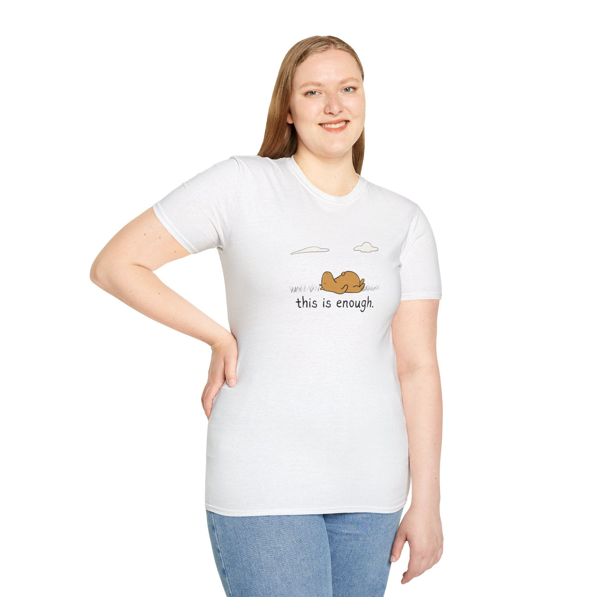 Capy Life white softstyle t-shirt featuring a hand-drawn capybara relaxing in grass with the text This Is Enough