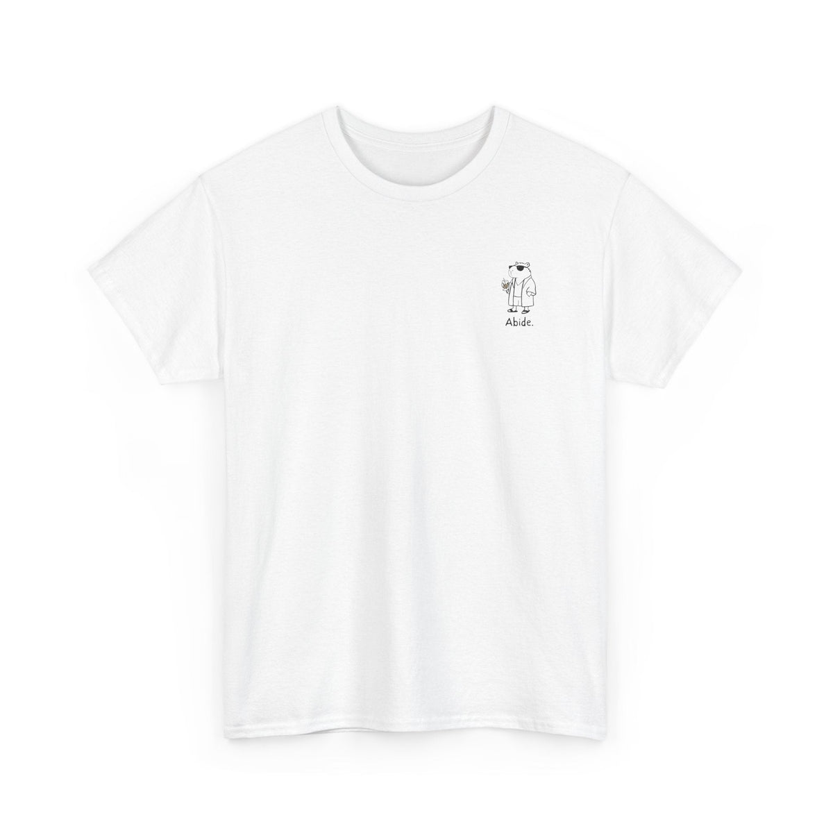 Capy Life white heavy cotton t-shirt with a small left chest graphic of a capybara in a robe and sunglasses