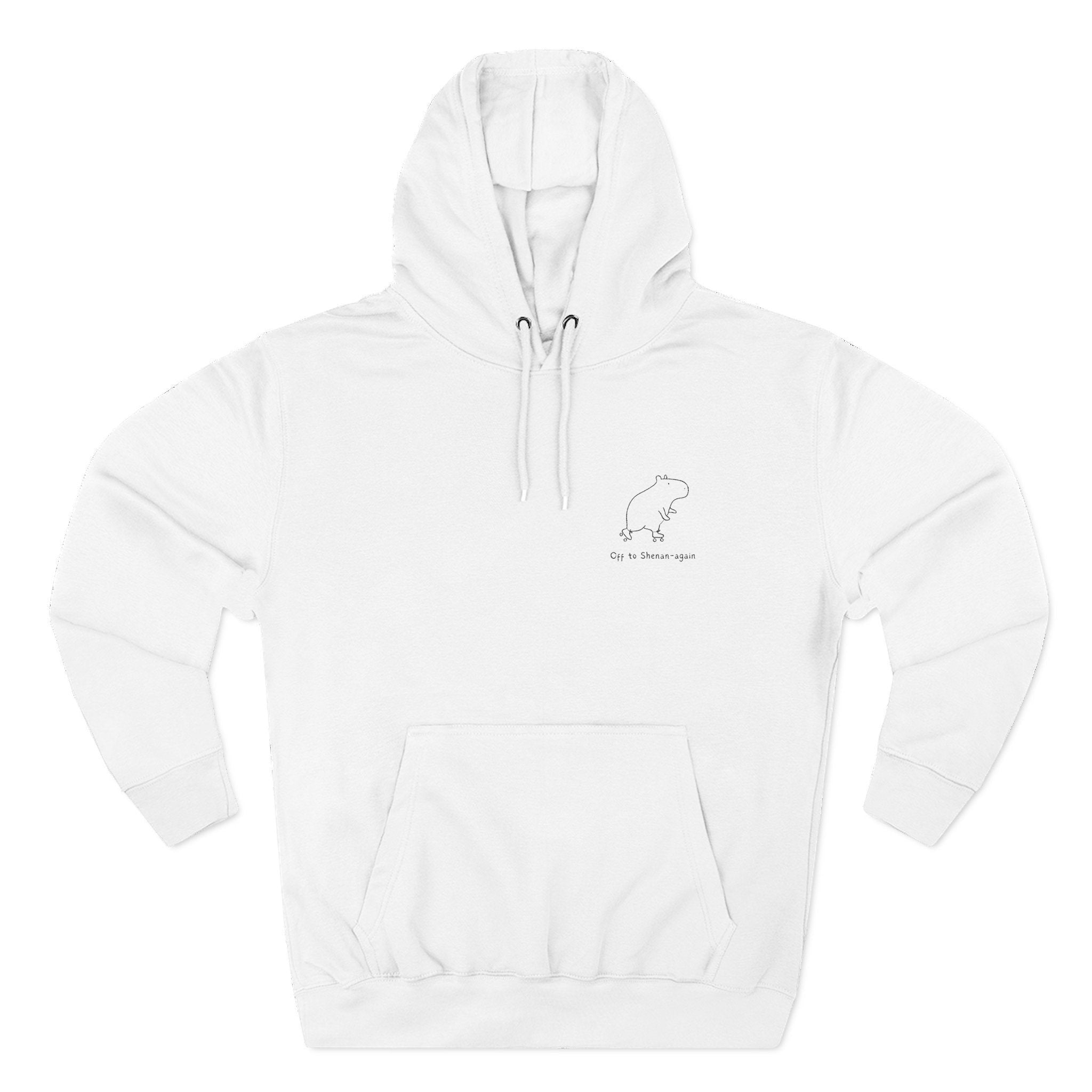 Capy Life white premium hoodie featuring a small embroidered capybara graphic and the text Off to Shenan-again.