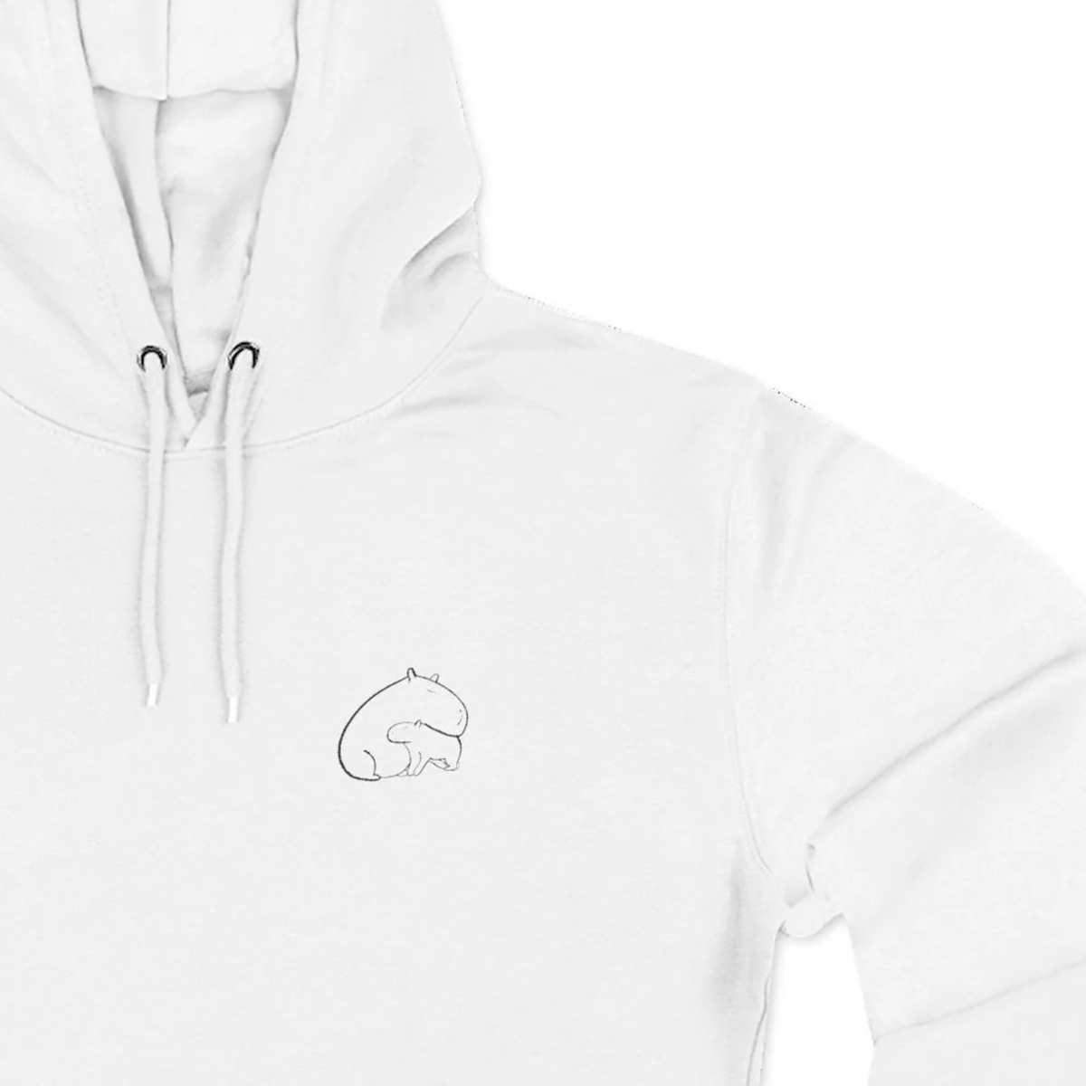 Capy Life white hoodie featuring a minimalist line art illustration of a capybara and baby on the chest.