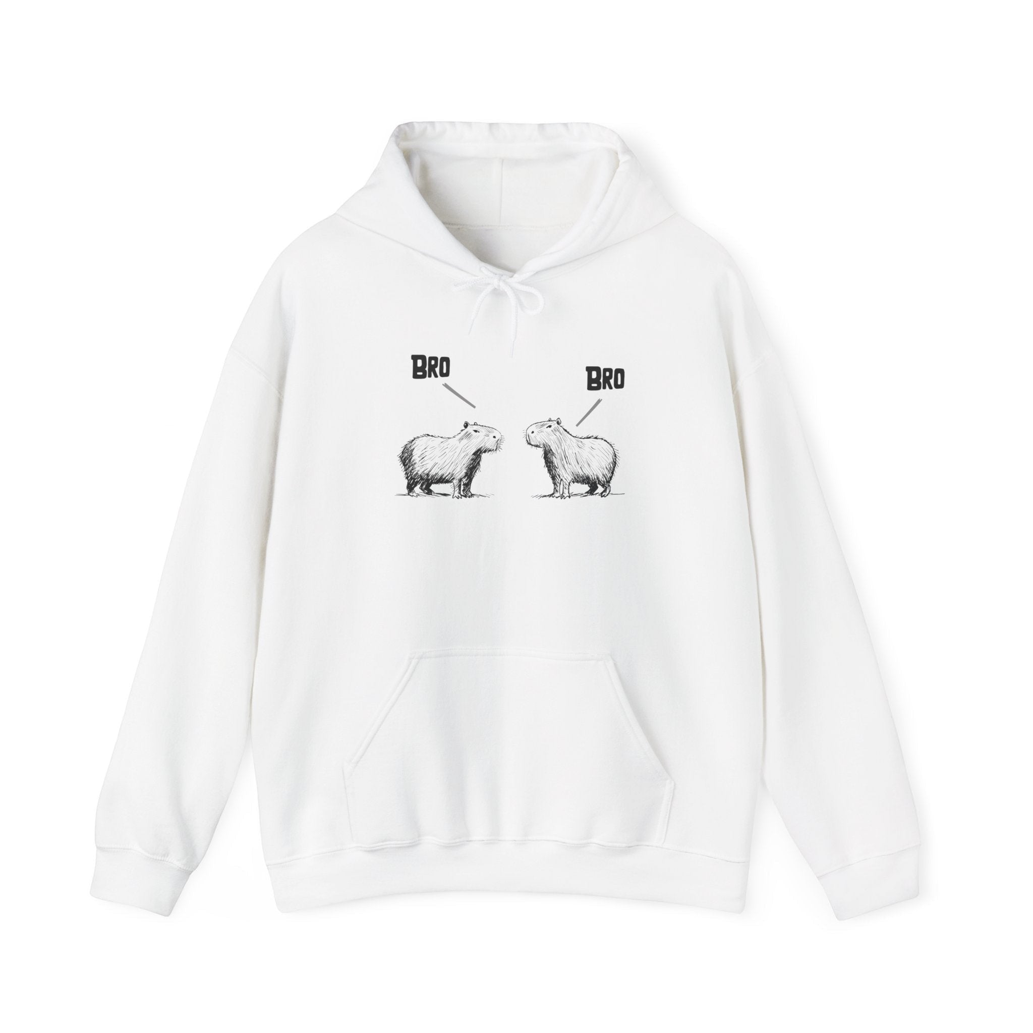 Capy Life white pullover hoodie featuring a sketch of two capybaras facing each other with the word Bro above them.