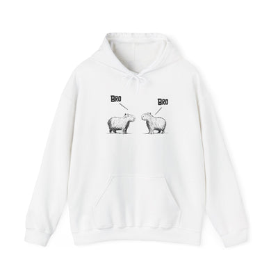 Capy Life white pullover hoodie featuring a sketch of two capybaras facing each other with the word Bro above them.