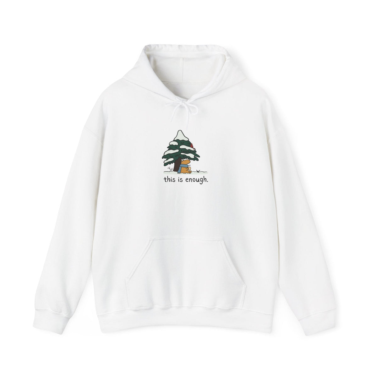 Capy Life white pullover hoodie featuring a graphic of a capybara under a snowy tree with the text this is enough