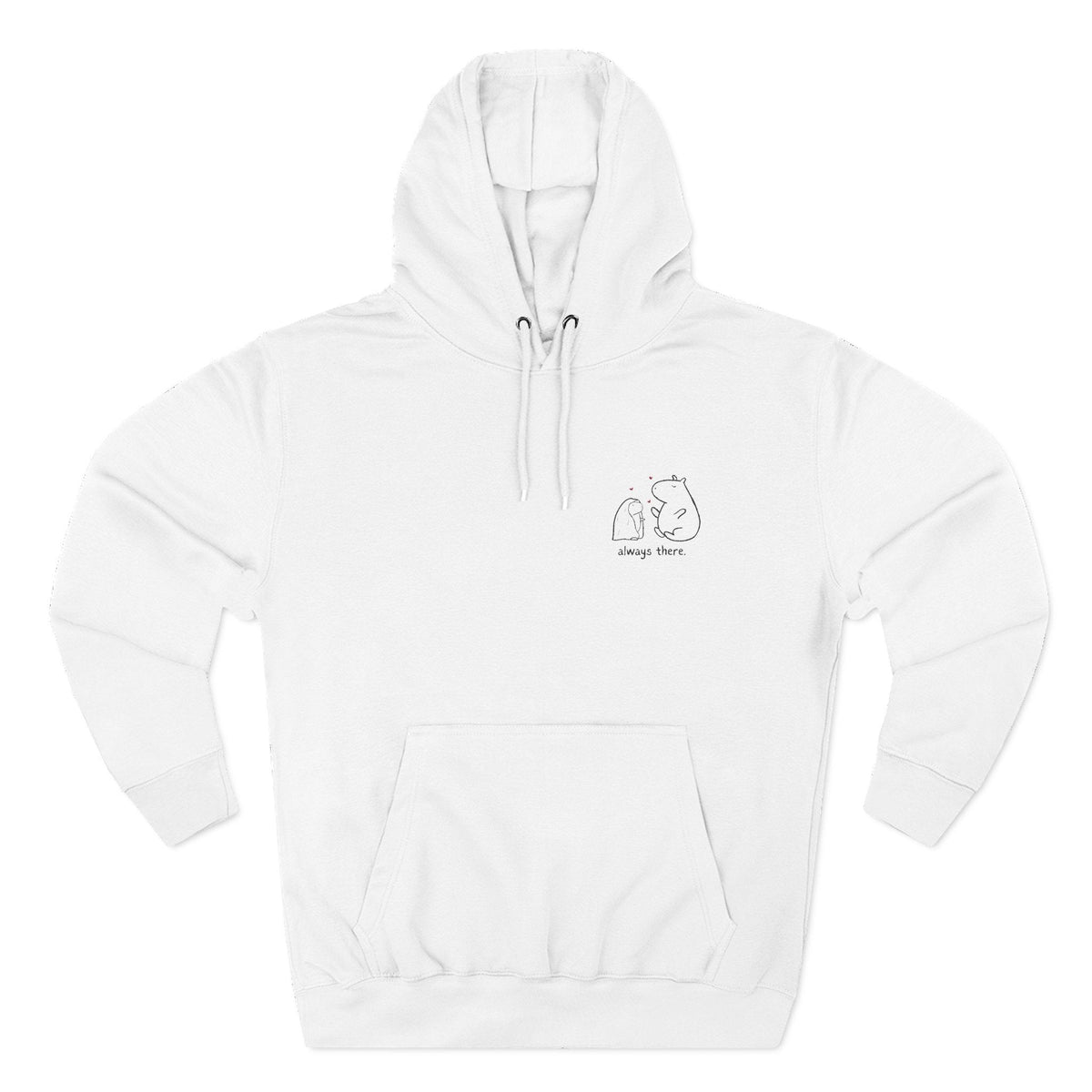 Capy Life white premium hoodie featuring a minimalist capybara illustration and the text always there on the chest
