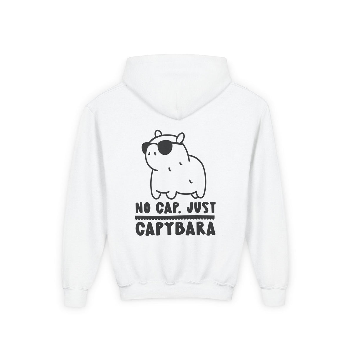 Capy Life white hoodie featuring a back graphic of a cute capybara wearing sunglasses with the text No Cap Just Capybara
