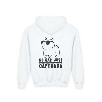 Capy Life white hoodie featuring a back graphic of a cute capybara wearing sunglasses with the text No Cap Just Capybara