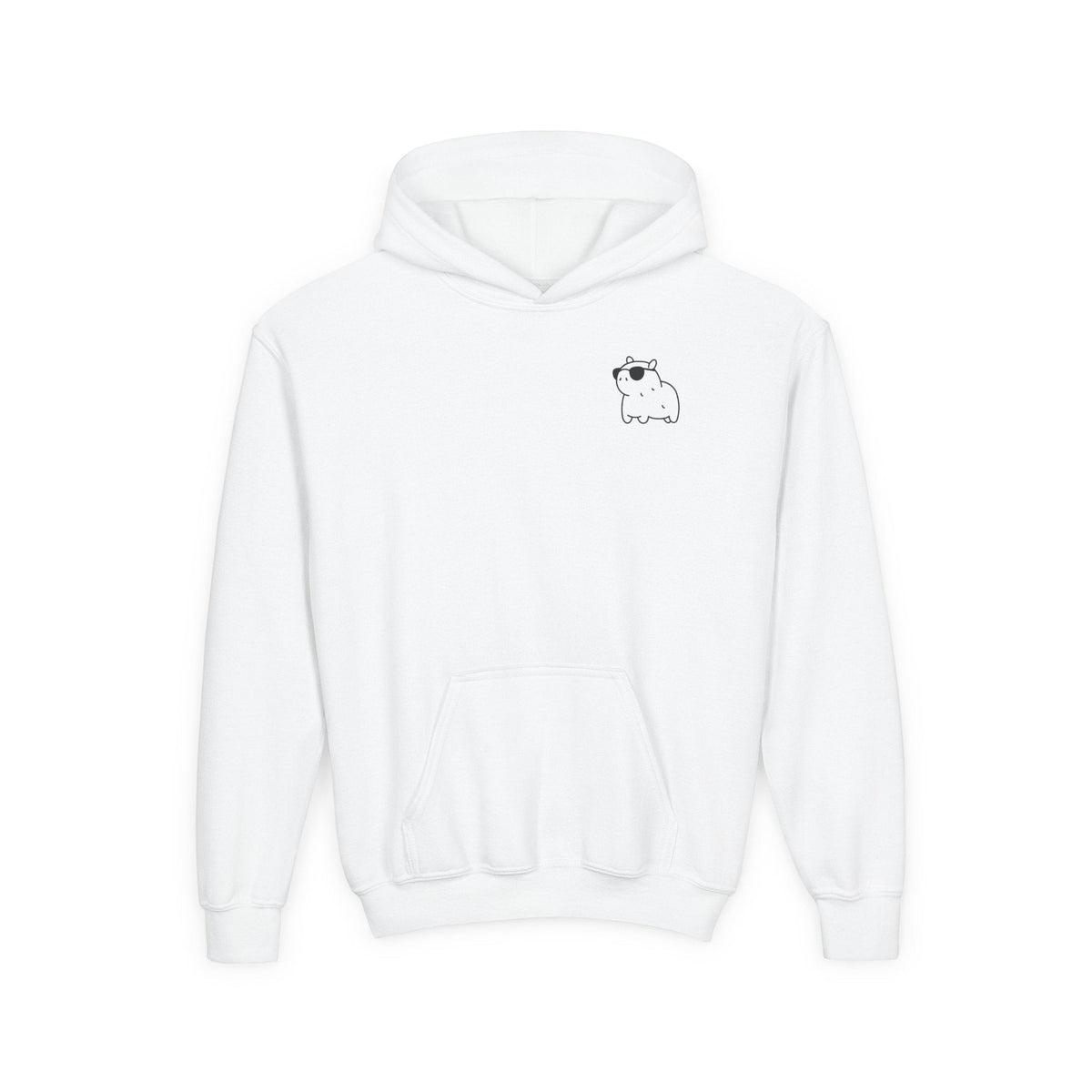 Capy Life white kids hoodie featuring a small, minimalist embroidered capybara wearing sunglasses on the chest.