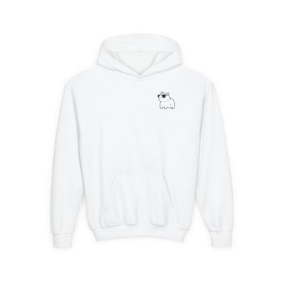 Capy Life white kids hoodie featuring a small, minimalist embroidered capybara wearing sunglasses on the chest.
