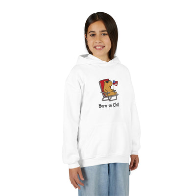 Capy Life youth white hoodie featuring a graphic of a capybara in a chair with an American flag and Born to Chill text