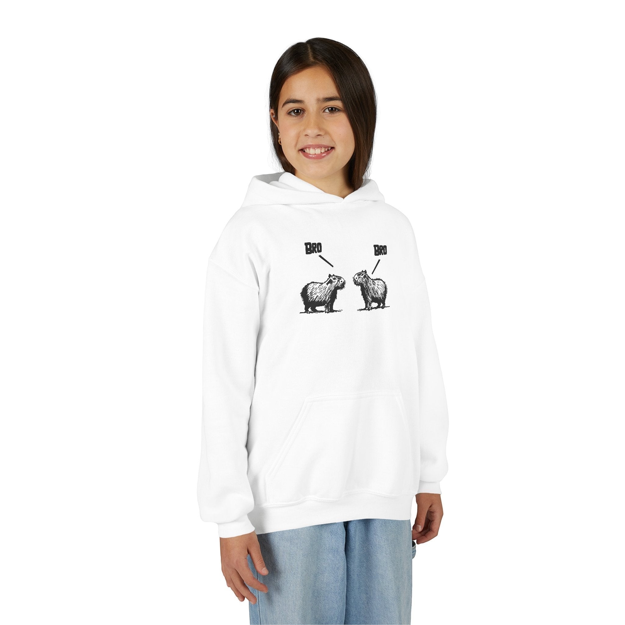 Capy Life white kids hoodie featuring a funny sketch of two capybaras saying Bro, worn by a smiling young girl.