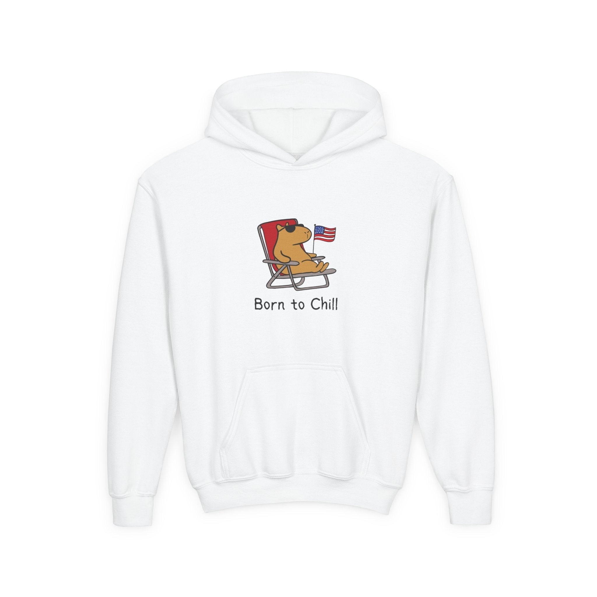 Capy Life white youth hoodie featuring a capybara lounging in a chair with an American flag and Born to Chill text.