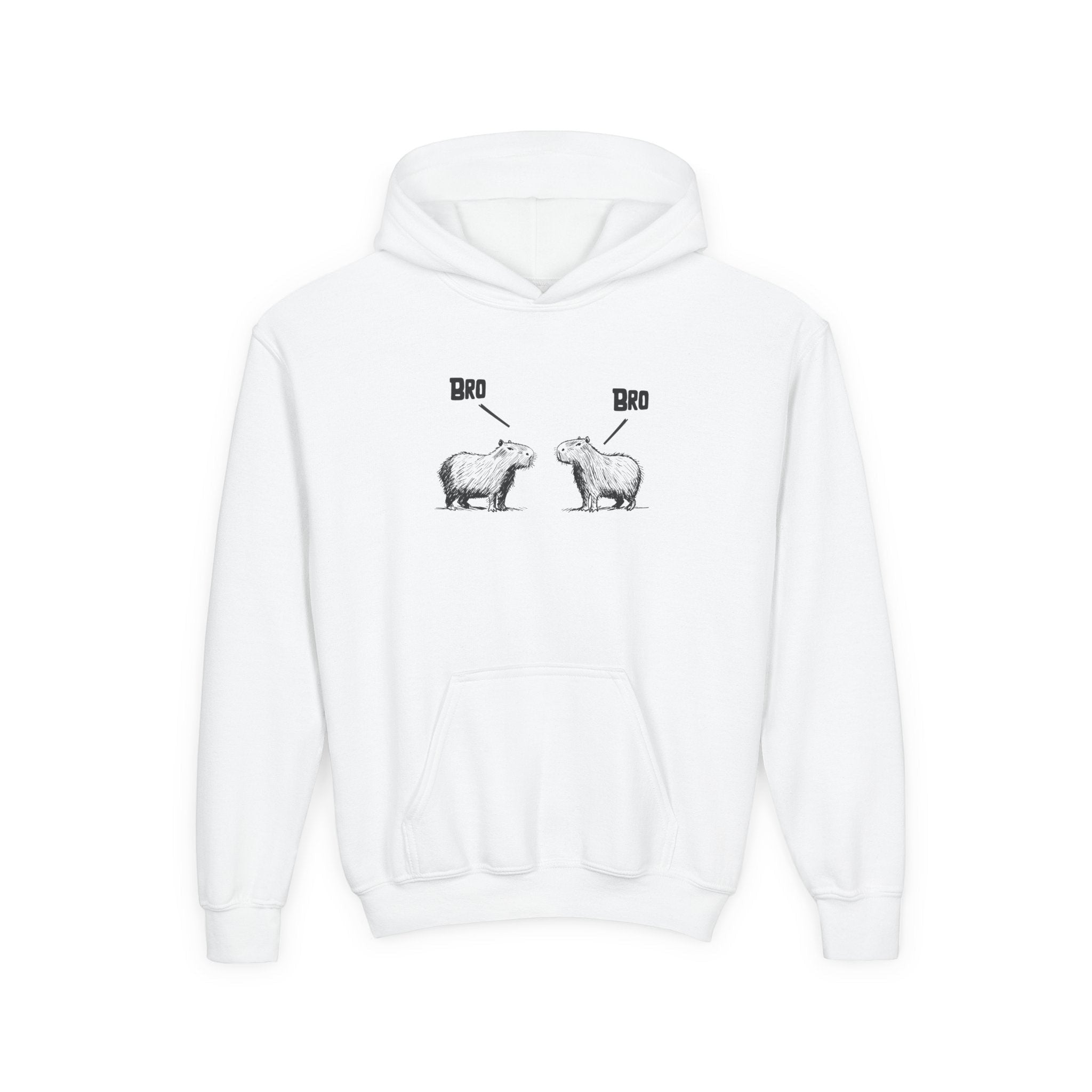 Capy Life white kids hoodie featuring a funny sketch of two capybaras saying Bro to each other.