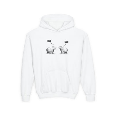 Capy Life white kids hoodie featuring a funny sketch of two capybaras saying Bro to each other.