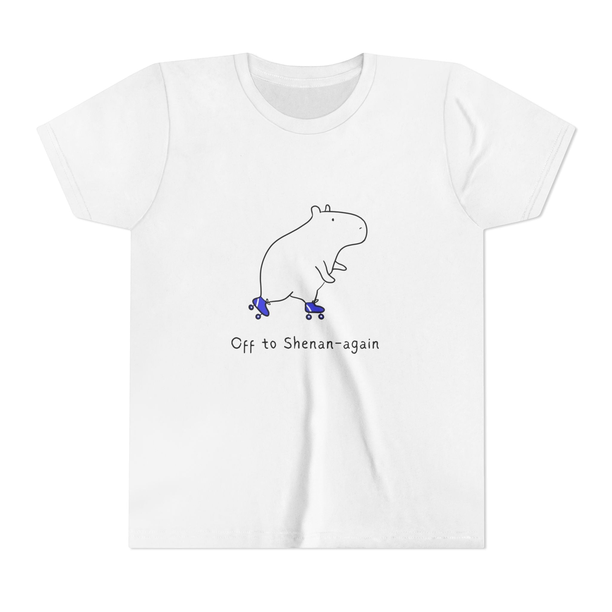 Capy Life white kids graphic tee featuring a doodle of a capybara on roller skates with the text Off to Shenan-again