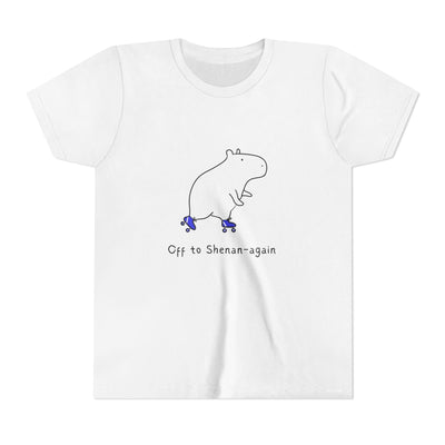 Capy Life white kids graphic tee featuring a doodle of a capybara on roller skates with the text Off to Shenan-again