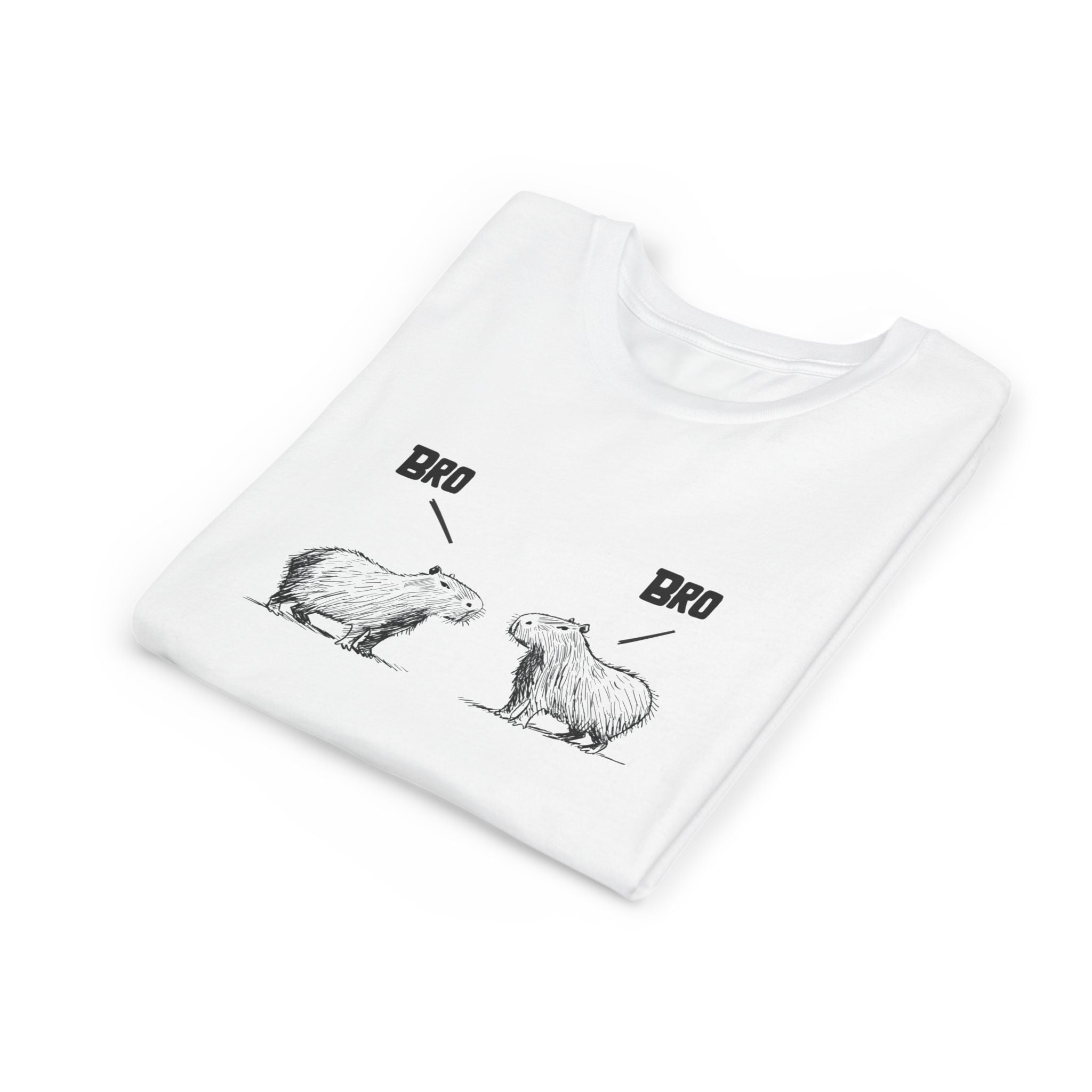 Capy Life white youth t-shirt featuring a sketch-style graphic of two capybaras saying Bro to each other