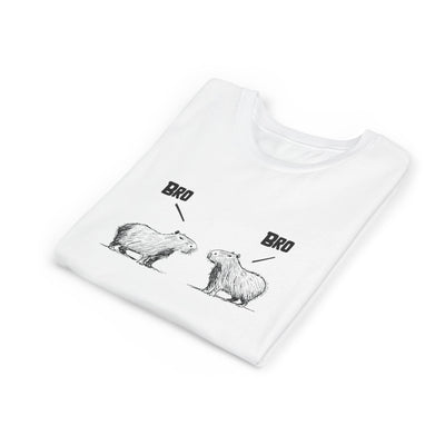 Capy Life white youth t-shirt featuring a sketch-style graphic of two capybaras saying Bro to each other