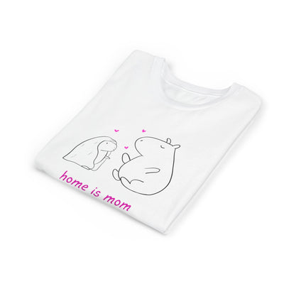 Capy Life white cotton kids t-shirt featuring a minimalist capybara illustration and the text home is mom