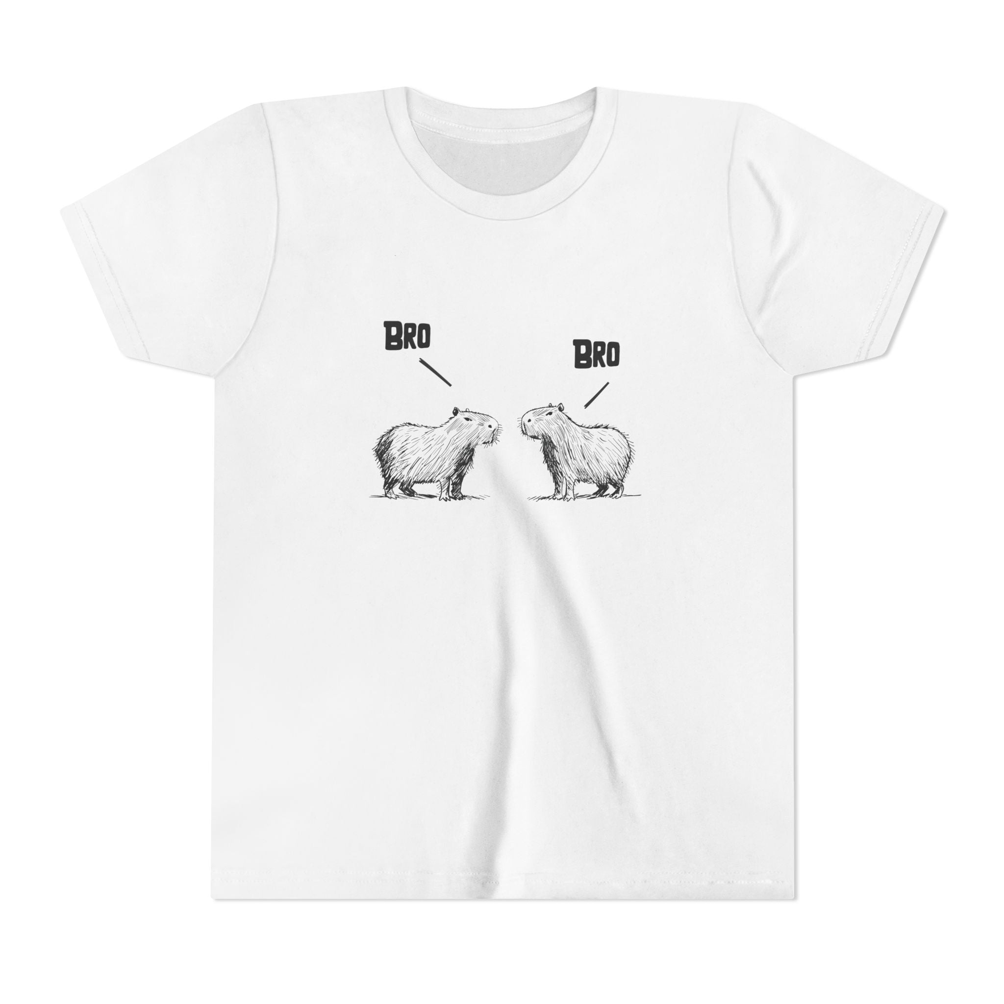 Capy Life white unisex youth t-shirt featuring a sketch-style graphic of two capybaras saying Bro to each other.