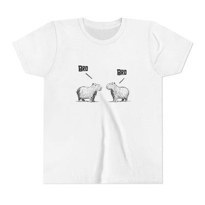Capy Life white unisex youth t-shirt featuring a sketch-style graphic of two capybaras saying Bro to each other.