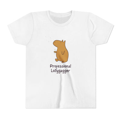 Capy Life white cotton kids t-shirt featuring a hand-drawn brown capybara and the text Professional Lollygagger.
