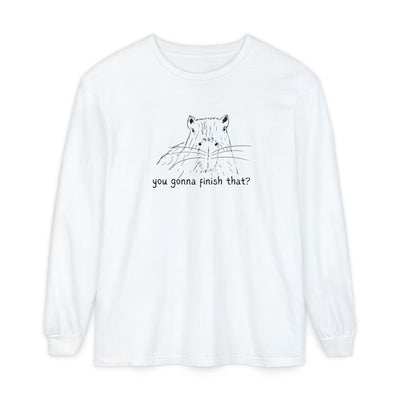 Capy Life white long sleeve tee featuring a hand-drawn capybara sketch and the text you gonna finish that