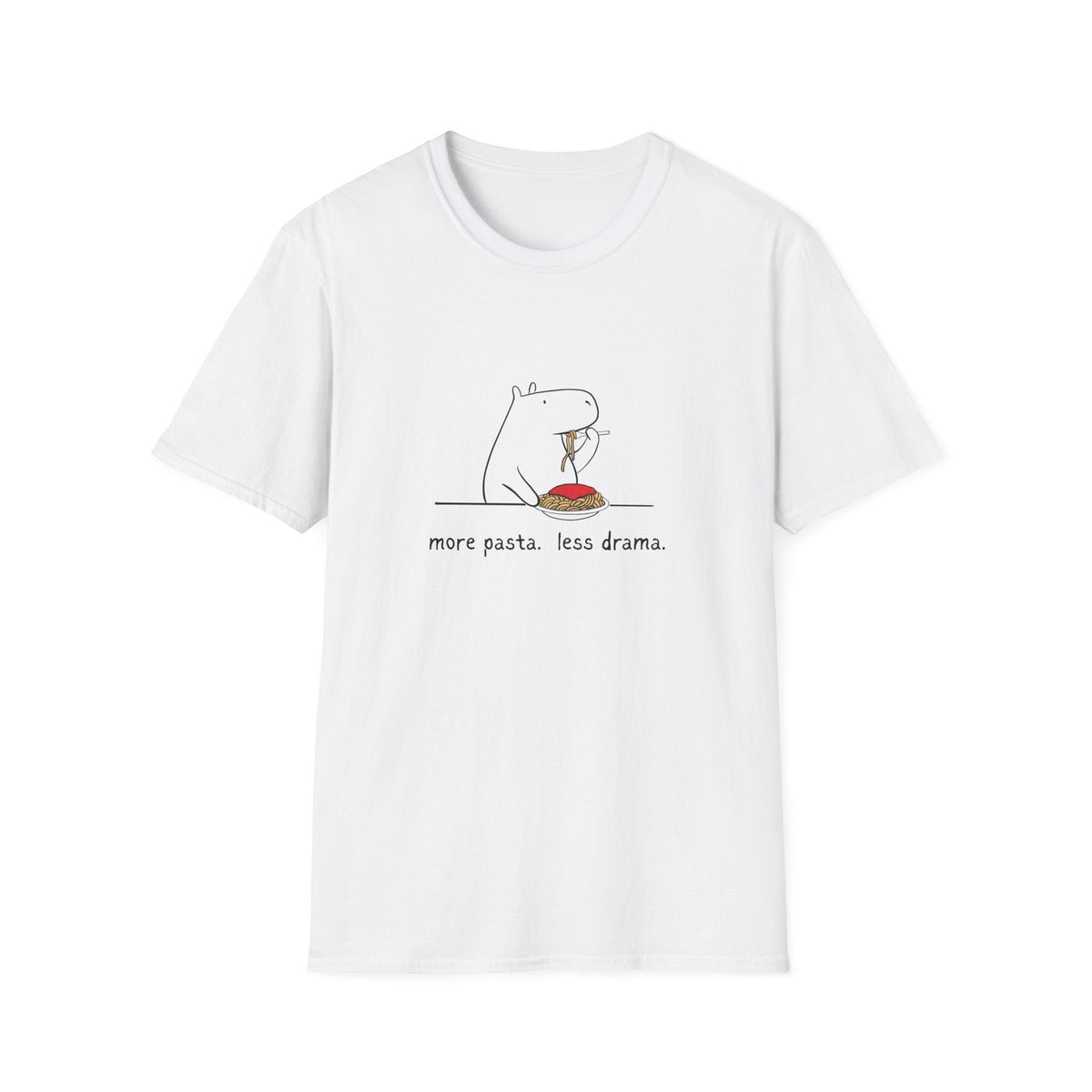 Capy Life white softstyle cotton t-shirt featuring a minimalist capybara eating spaghetti with the text More Pasta.