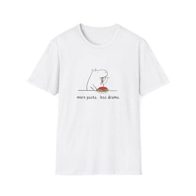 Capy Life white softstyle cotton t-shirt featuring a minimalist capybara eating spaghetti with the text More Pasta.