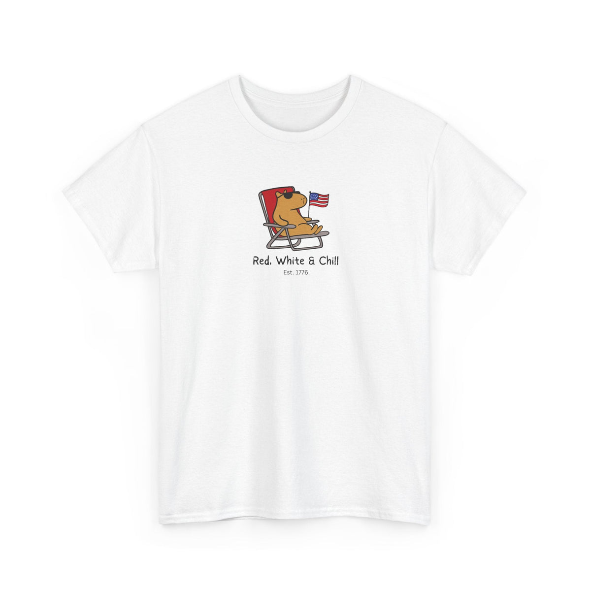 Capy Life white unisex t-shirt featuring a funny capybara lounging in a chair with an American flag graphic