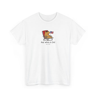 Capy Life white unisex t-shirt featuring a funny capybara lounging in a chair with an American flag graphic