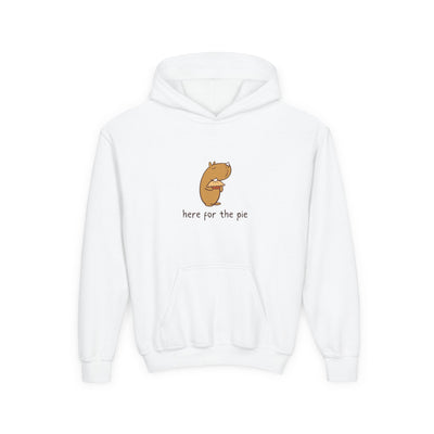 Capy Life white kids hoodie featuring a cute illustration of a capybara holding a pie with the text here for the pie