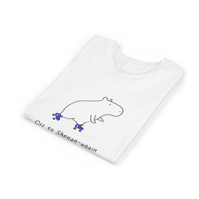 Capy Life white kids graphic tee featuring a doodle of a capybara on roller skates with the text Off to Shenan-again.