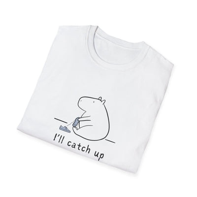 Capy Life white softstyle t-shirt featuring a minimalist graphic of a capybara tying its shoe with I'll catch up text