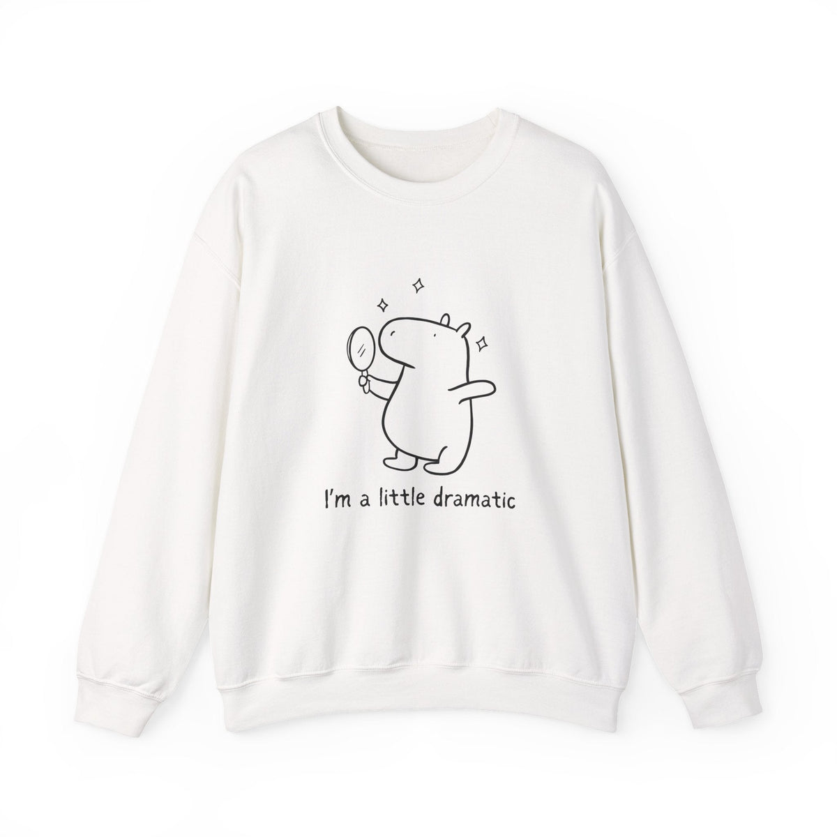 Capy Life white crewneck sweatshirt featuring a minimalist line drawing of a capybara looking into a mirror.