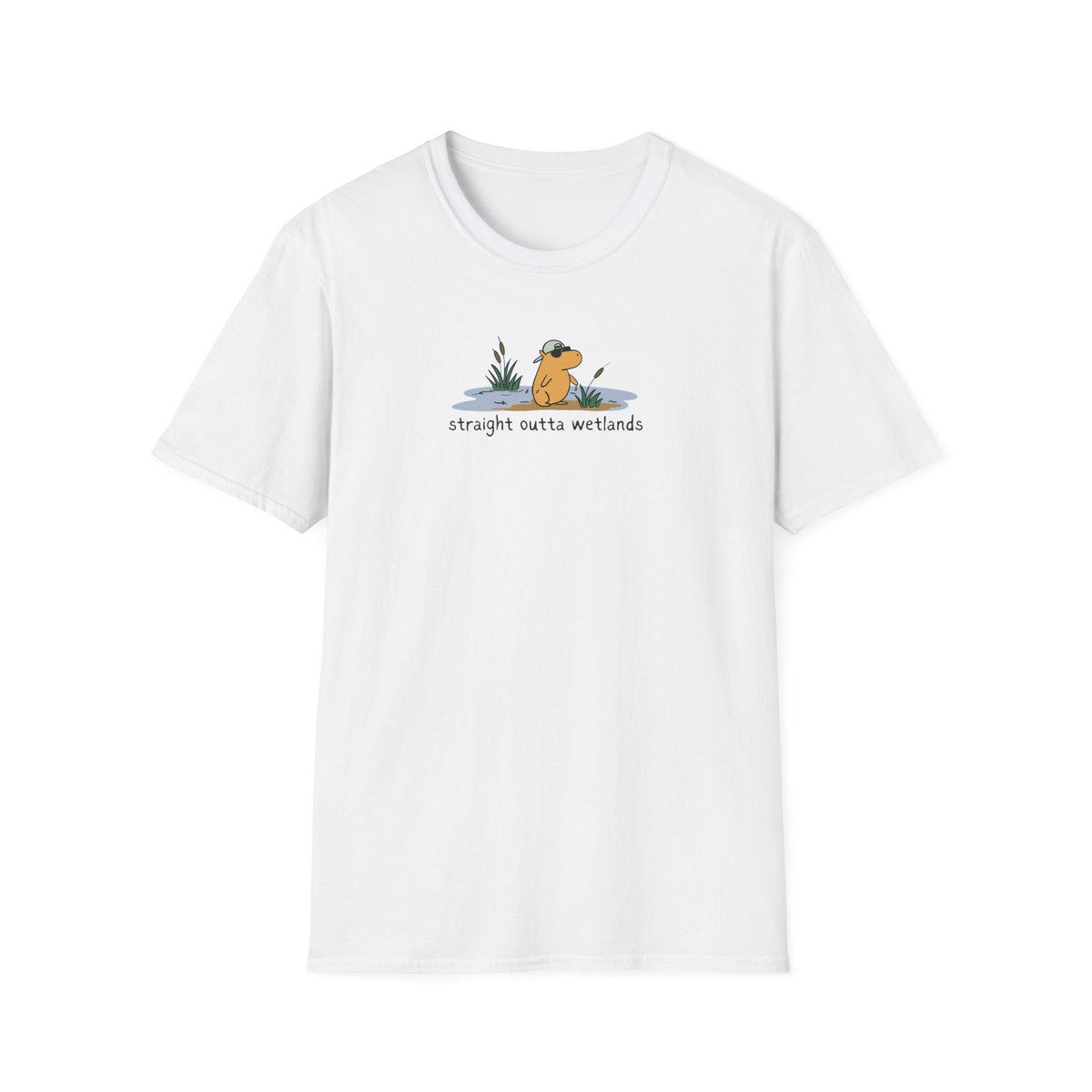 Capy Life white softstyle t-shirt featuring a small hand-drawn graphic of a capybara in a hat with wetland scenery.