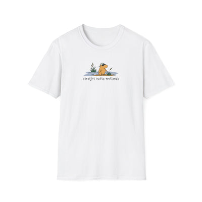 Capy Life white softstyle t-shirt featuring a small hand-drawn graphic of a capybara in a hat with wetland scenery.