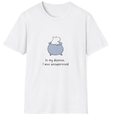 Capy Life white softstyle cotton t-shirt featuring a cute capybara in a pot and the text In my defense I was unsupervised