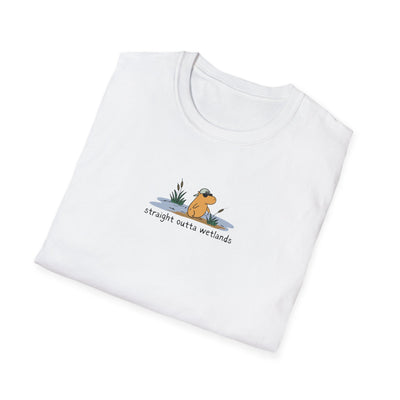 Capy Life white softstyle t-shirt featuring a small, hand-drawn capybara in a backwards hat with wetland cattails.