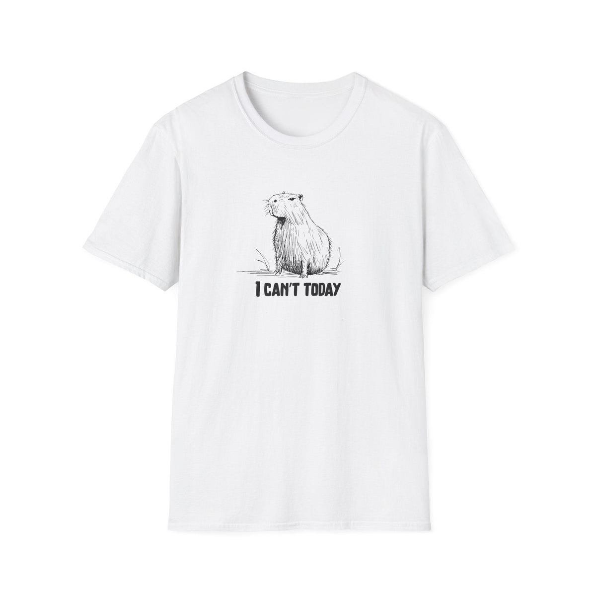 Capy Life white softstyle t-shirt featuring a hand-drawn sketch of a capybara and the text I Can't Today.