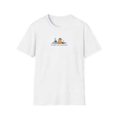 Capy Life white softstyle t-shirt featuring a hand-drawn capybara in a backwards hat with Straight Outta Wetlands text.