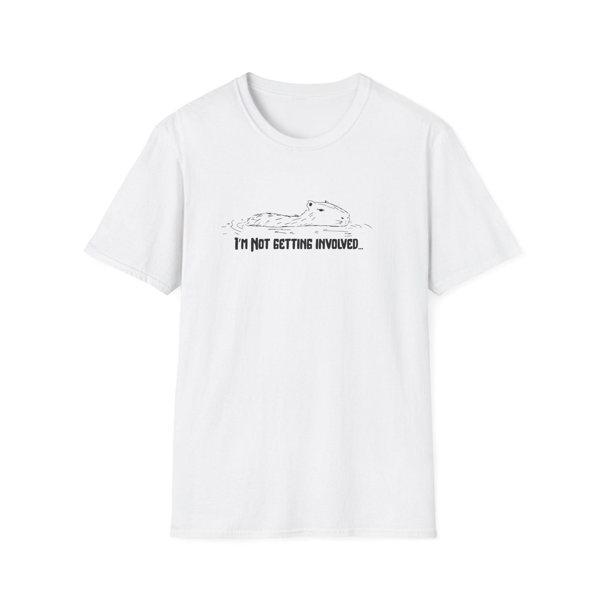 Capy Life white softstyle t-shirt featuring a hand-drawn capybara floating in water with the text I'm Not Getting Involved