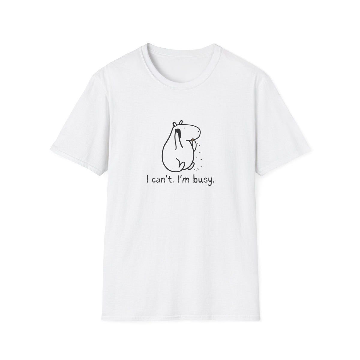 Capy Life white softstyle adult t-shirt featuring a minimalist line drawing of a busy capybara with funny text.