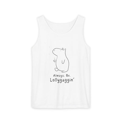 Capy Life white Comfort Colors tank top featuring a minimalist line drawing of Gene the Capybara with a dandelion.