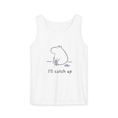 Capy Life white tank top featuring a minimalist line drawing of a capybara tying its shoe with text I'll catch up