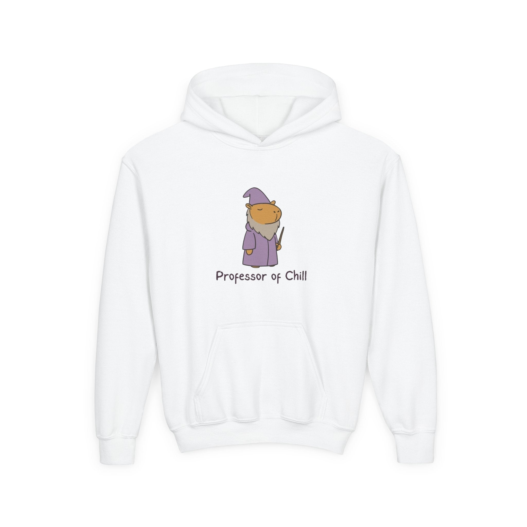 Capy Life white kids hoodie featuring a cute wizard capybara graphic and the text Professor of Chill.